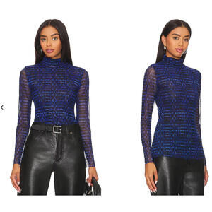 Misa Los Angeles Nadja Top Turtleneck Mesh fabric blue size L NWT $150msrp